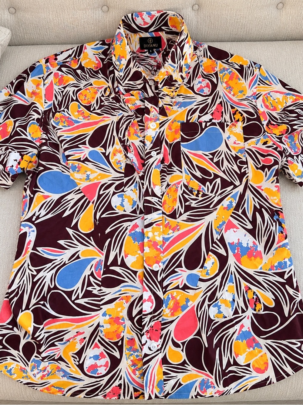 DIYANU Men’s Short Sleeve Floral Button-Down Shirt - Maroon Multi